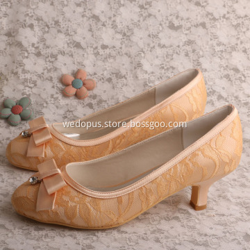 Low Heel Bridal Shoes Champagne Lace with Bowtie